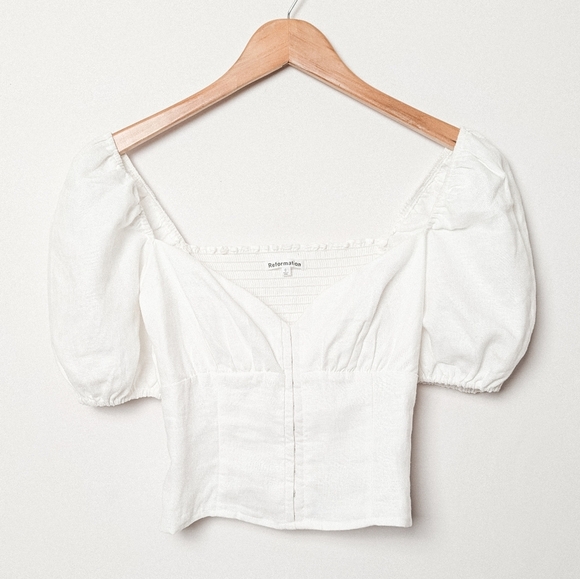 REFORMATION Rome Top Linen Puff Sleeve White 0 - Picture 2 of 10